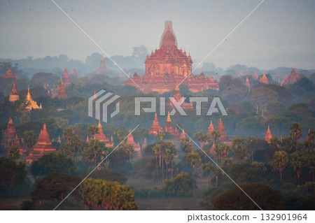 View from Bagan Viewing Tower, Htilominlo Temple, pagodas in the morning mist, Bagan, Myanmar View from Bagan Viewing Tower, Htilominlo Temple, pagodas in the morning mist, Bagan, Myanmar 132901964