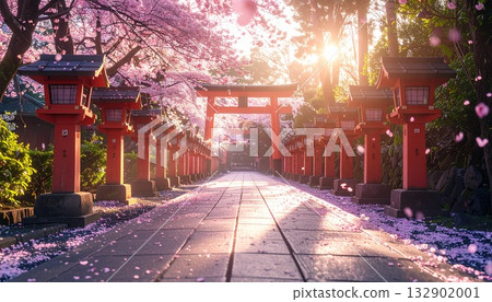 春日清晨,日本神社參道上櫻花飄落的景色 春日清晨,日本神社參道上櫻花飄落的景色 132902001