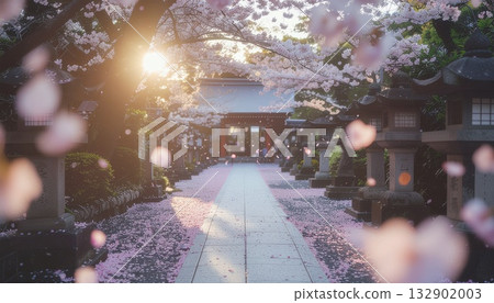 春日清晨,日本神社參道上櫻花飄落的景色 春日清晨,日本神社參道上櫻花飄落的景色 132902003