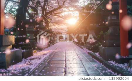 Japanese scenery of a spring morning on the shrine approach where cherry blossoms flutter Japanese scenery of a spring morning on the shrine approach where cherry blossoms flutter 132902004