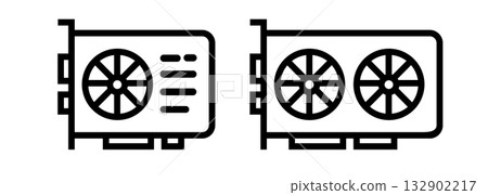 simple black outline icons representing a Graphics Processing Unit GPU or video card with single and dual cooling fans computer hardware gaming cryptocurrency mining simple black outline icons representing a Graphics Processing Unit GPU or video card with single and dual cooling fans computer hardware gaming cryptocurrency mining 132902217