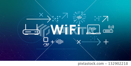 WiFi Wireless Fidelity icons show network devices router laptop and chip representing internet access signal transmission WiFi Wireless Fidelity icons show network devices router laptop and chip representing internet access signal transmission 132902218