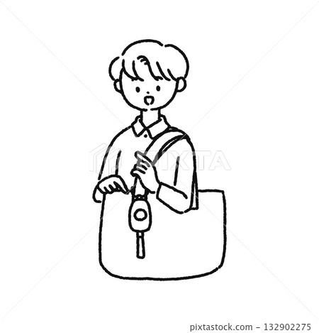 一幅線條畫,畫的是一個男人,他的包包上裝有一個防盜警報器。 一幅線條畫,畫的是一個男人,他的包包上裝有一個防盜警報器。 132902275