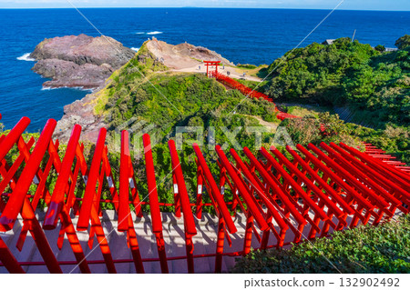 山口縣長門市：元之隅神社的朱紅色鳥居在蔚藍的大海映襯下格外醒目。 132902492