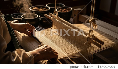 Traditional artisan hands weaving natural fiber fabric on wooden handloom with ceramic bowls containing organic materials in warm golden sunlight 132902905