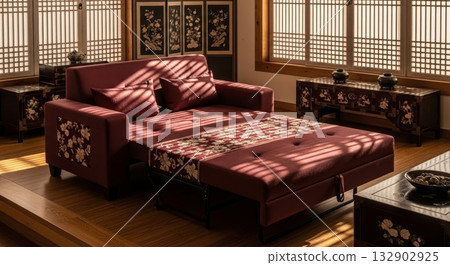 Traditional Korean Hanok Interior Red Convertible Sofa Bed Extended Position Asian Home Living Room Wooden Lattice Windows Floral Decorated Black Furniture Warm Sunlight Shadows 132902925
