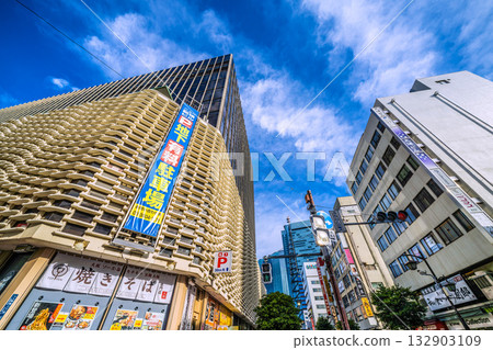 Tokyo cityscape, Japan, November 4th. View of Shimbashi Station's Karasumori Exit (back right) and the New Shimbashi Building. Shiodome is in the upper right back. 132903109