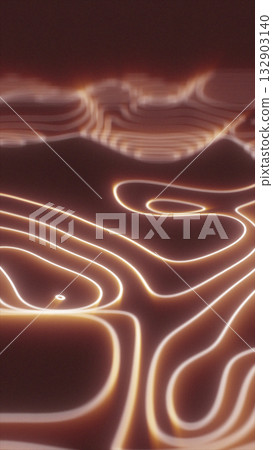 Abstract topographic surface made of glowing golden contour lines forming smooth, fluid wave shapes 132903140