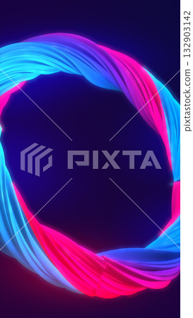 Abstract glowing neon twisted ring with vibrant blue and pink light streaks on a dark background 132903142