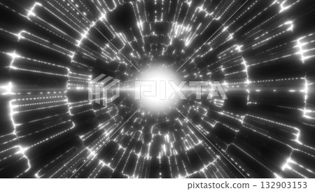 Abstract white glowing tunnel with light particles forming a futuristic energy vortex in motion Abstract white glowing tunnel with light particles forming a futuristic energy vortex in motion 132903153