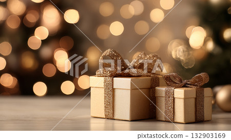 elegant golden gift boxes on table with blurred Christmas tree and sparkling lights background 132903169