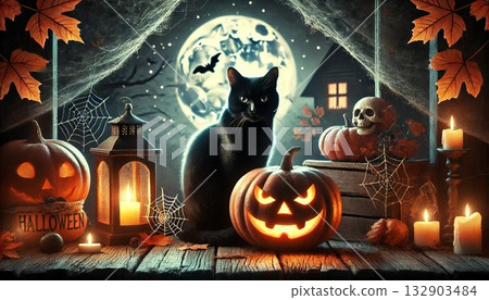 Halloween pumpkin and black cat on porch Halloween pumpkin and black cat on porch 132903484