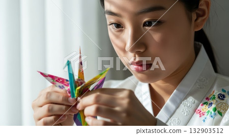 Young Asian woman in traditional white hanbok holding colorful origami paper crane with delicate floral embroidered details by window 132903512
