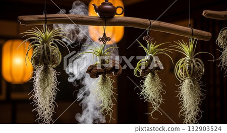 Hanging air plants tillandsia display on driftwood branch with steaming teapot and warm ambient lighting in zen meditation space Hanging air plants tillandsia display on driftwood branch with steaming teapot and warm ambient lighting in zen meditation space 132903524