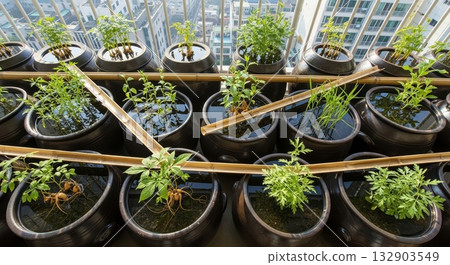 Urban rooftop hydroponic garden with black ceramic pots growing various green plants and bamboo support structure on high-rise balcony 132903549