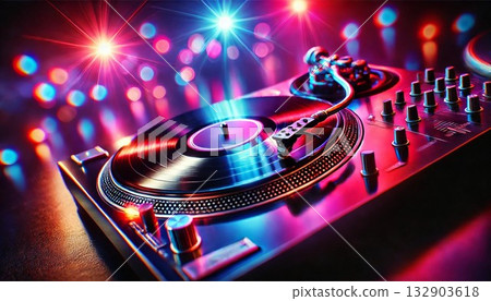Dynamic DJ turntables at a night party Dynamic DJ turntables at a night party 132903618