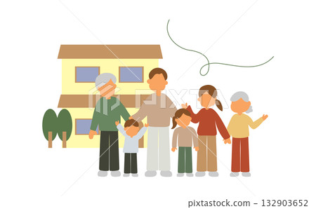 A three-generation family standing in front of their newly built house A three-generation family standing in front of their newly built house 132903652