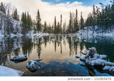 Panoramic view of Grassi Lakes in winter with reflections in the water. Alberta, Canada 132903678