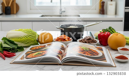 Open cookbook with colorful food photography surrounded by fresh ingredients including napa cabbage orange bell pepper nuts spices and black cooking pot on white marble kitchen counter 132903838