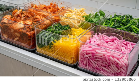 Traditional Korean banchan side dishes displayed in glass containers including kimchi bean sprouts spinach and pickled radish on white kitchen counter 132903866