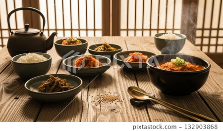 Traditional Korean banchan side dishes with steaming rice bowls kimchi stew and cast iron teapot on rustic wooden table in hanok house interior 132903868