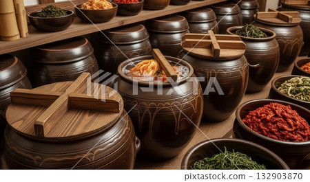 Traditional Korean ceramic onggi pottery jars with wooden lids storing fermented kimchi and various banchan side dishes in rustic kitchen setting 132903870