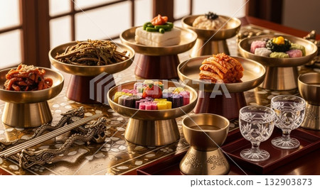 Traditional Korean Hansik meal presentation with colorful rice cakes hangwa sweets kimchi banchan served on brass pedestals with crystal glasses in hanok interior 132903873