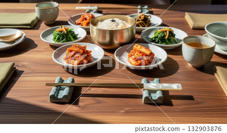 Traditional Korean meal setup with banchan side dishes kimchi steamed rice in metal bowl chopsticks and tea cups on wooden table 132903876