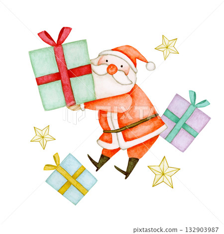 Santa Claus handing out Christmas presents watercolor illustration 132903987