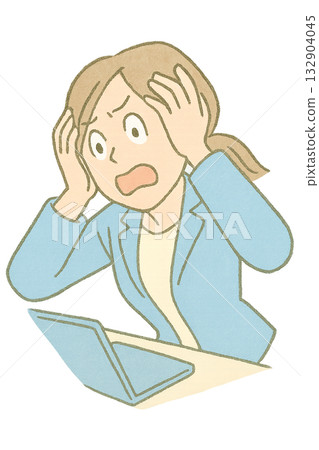 插圖描繪了一位女士因電腦故障而驚慌失措，一位女商人因係統故障而感到驚訝或恐慌。 132904045
