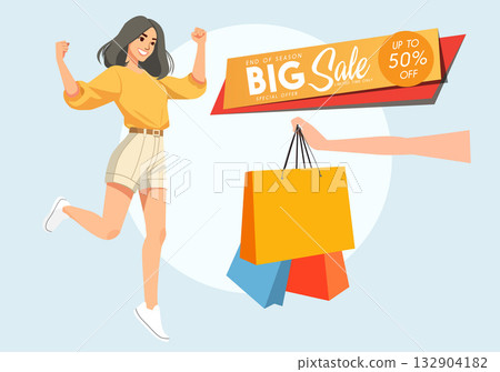illustration of an excited woman with her arms raised, celebrating a "BIG Sale Up to 50% Off."   132904182