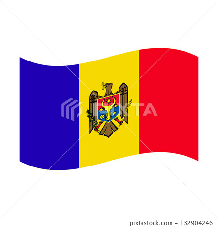 Moldova national waving flag with coat of arms, vertical tricolor 132904246