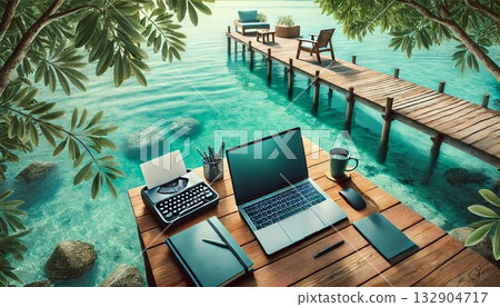 Remote work setup by the turquoise water Remote work setup by the turquoise water 132904717