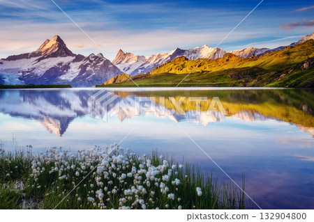 Great view of Bernese range above Bachalpsee lake. Location Swiss alps, Grindelwald valley. 132904800