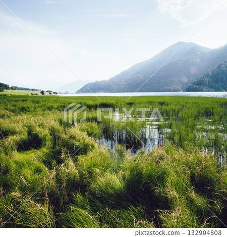 Great of the alpine Haidersee lake. Location San Valentino Alla Muta village, Italy alps, Europe. Great of the alpine Haidersee lake. Location San Valentino Alla Muta village, Italy alps, Europe. 132904808