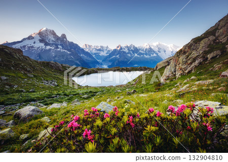 Views of the Mont Blanc glacier with Lac Blanc (White Lake). Views of the Mont Blanc glacier with Lac Blanc (White Lake). 132904810