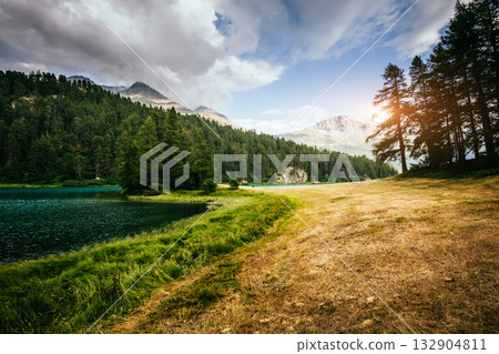 Great view of the azure pond Champfer. Location Swiss alps, Silvaplana village. Great view of the azure pond Champfer. Location Swiss alps, Silvaplana village. 132904811