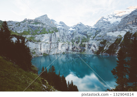 Panorama of the azure lake Oeschinensee. Swiss alps, Kandersteg. 132904814