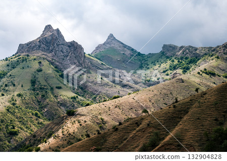 Vivid alpine hills in the morning light. Location place Crimea. 132904828