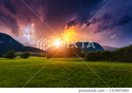 Wonderful view of green fields with hills. Location place Triglav national park, Bohinj valley, Julian Alps, Slovenia, Europe. 132905060