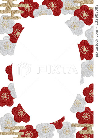 [Vertical frame of plum blossoms and clouds] Hand-embroidered illustration material 132905095