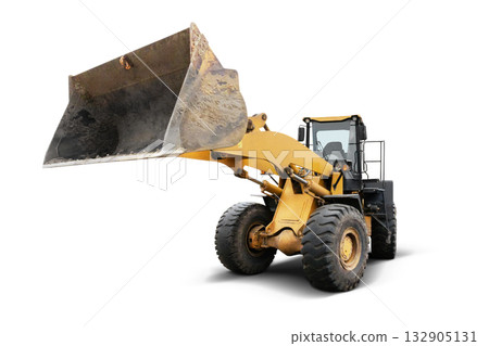 A powerful construction loader stands prominently on a clean, isolated background, showcasing its large scoop and rugged tires for impactful design use A powerful construction loader stands prominently on a clean, isolated background, showcasing its large scoop and rugged tires for impactful design use 132905131