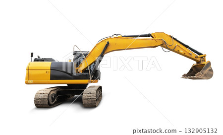 Constructed for efficiency, this excavator stands ready on a stark background, showcasing its robust arm and bucket designed for heavy lifting and digging tasks 132905132