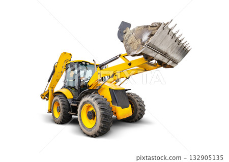 A bright yellow backhoe loader stands poised for action against a clean white background, showcasing its powerful arm and bucket for digging and lifting tasks 132905135