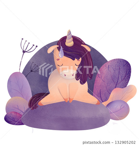 Cute chubby unicorn meditating in serene purple forest with sweat drop. Whimsical kids yoga illustration for wellness, nursery, books Cute chubby unicorn meditating in serene purple forest with sweat drop. Whimsical kids yoga illustration for wellness, nursery, books 132905202