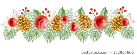 聖誕裝飾品和植物裝飾水彩插圖 132905666
