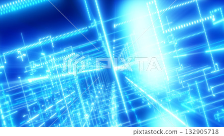 Abstract 3D tunnel with bright blue glowing lines forming a digital grid of futuristic light structures 132905718
