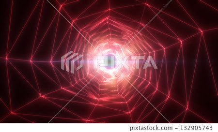 Abstract red wireframe tunnel illuminated by glowing light patterns converging to a bright core, isolated on white background 132905743