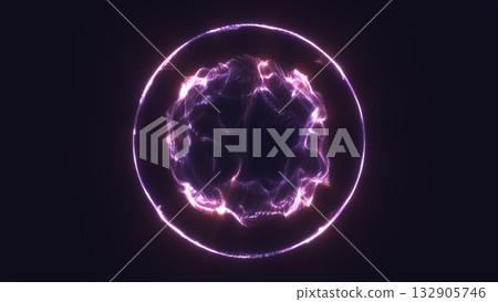 Abstract violet plasma sphere surrounded by glowing circular rings, radiating futuristic energy and light 132905746