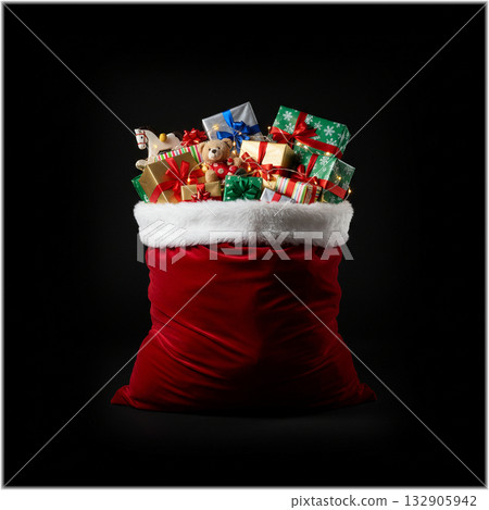 Christmas: Santa's sack filled with presents and lights 132905942